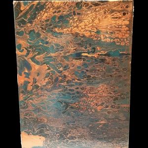 Bronze and Teal Abstract Pour Painting  12" x 16"